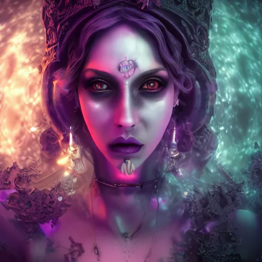 Image similar to photorealistic gothic lunar goddess. hyperdetailed photorealism, 1 0 8 megapixels, amazing depth, glowing rich colors, powerful imagery, psychedelic overtones, 3 d finalrender, 3 d shading, cinematic lighting, artstation concept art