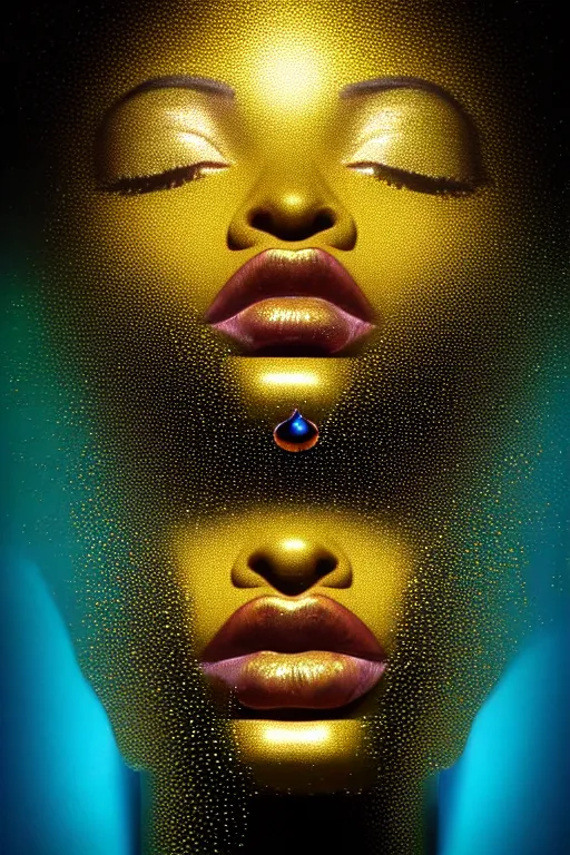 Image similar to hyperrealistic post - dada cinematic very expressive! profile black oshun goddess, head emerging from water!!, mirror dripping droplet!, gold flowers, highly detailed face, digital art masterpiece, smooth eric zener cam de leon, dynamic pearlescent teal light, low angle uhd 8 k, sharp focus