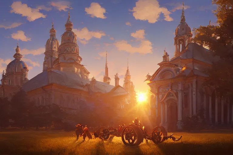 Image similar to an mobile ornate baroque church on chain wheels, scene in an open field. key visual, conceptart, ambient lighting, highly detailed, digital painting, artstation, concept art, sharp focus, by makoto shinkai and akihiko yoshida and greg manchess