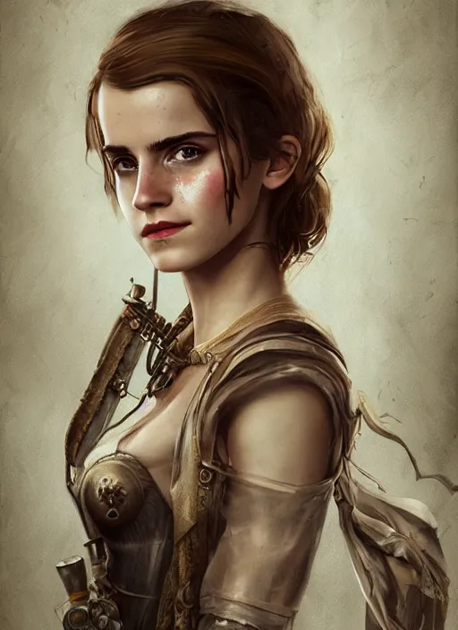 Image similar to steampunk portrait of emma watson, au naturel, hyper detailed, digital art, trending in artstation, cinematic lighting, studio quality, smooth render, unreal engine 5 rendered, octane rendered, art style by klimt and nixeu and ian sprigger and wlop and krenz cushart.