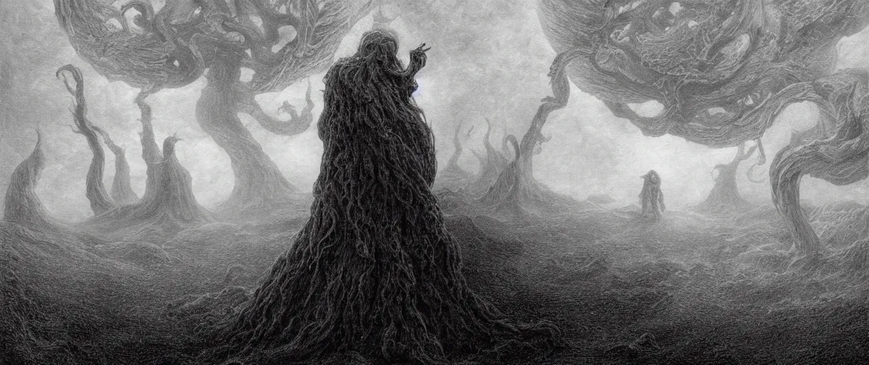 Image similar to an engraving portrait of yog sothoth, lovecraftian atmosphere, caspar david friedrich, foggy, depth, strong shadows, stormclouds, illuminated focal point, highly detailed