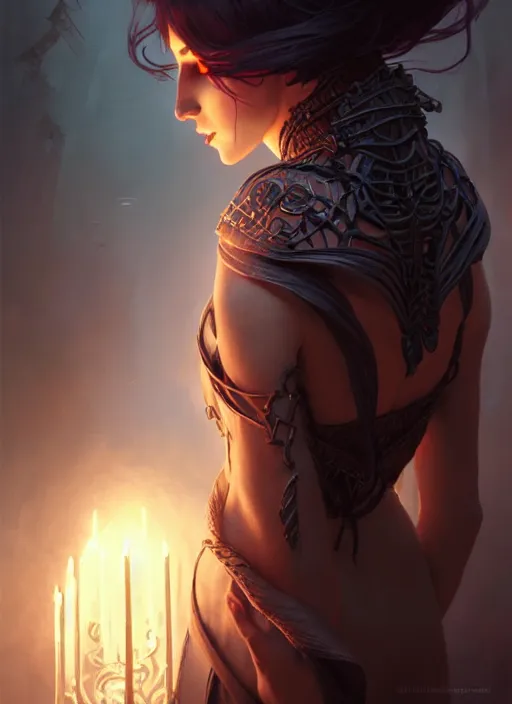 Image similar to Necromancer Sorceress, fantasy magic, undercut hairstyle, dark light night, intricate, elegant, sharp focus, illustration, highly detailed, digital painting, concept art, matte, art by WLOP and Artgerm and Greg Rutkowski and Alphonse Mucha, masterpiece