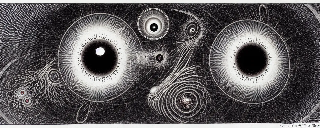 Image similar to a giant eyeball sings a unique canto about'as above so below'to the a cosmic cochlea, while being ignited by the spirit of haeckel and robert fludd, breakthrough is iminent, glory be to the magic within, in honor of saturn, painted by alex grey