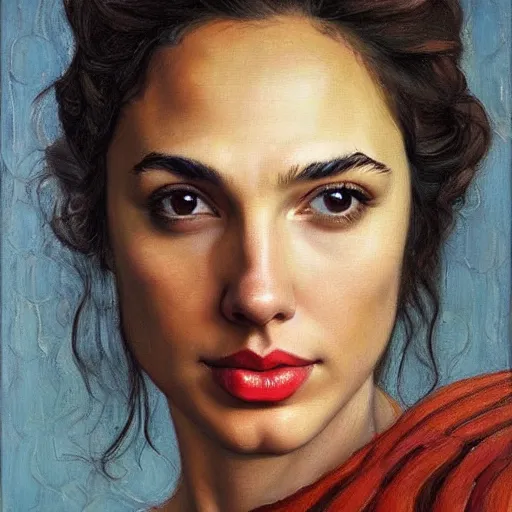 Image similar to Oil painting of the beautiful woman Gal Gadot, she is wearing some withe old cloths and a surreal ornate, her hair is natural disheveled, naturalism, dramatic lighting, high-detailed oil painting by Ilya Repin, Michelangelo da Caravaggio, William Blake, Alex Grey and Beksinski, trending on Artsatio, masterpiece, 4k, 8k,