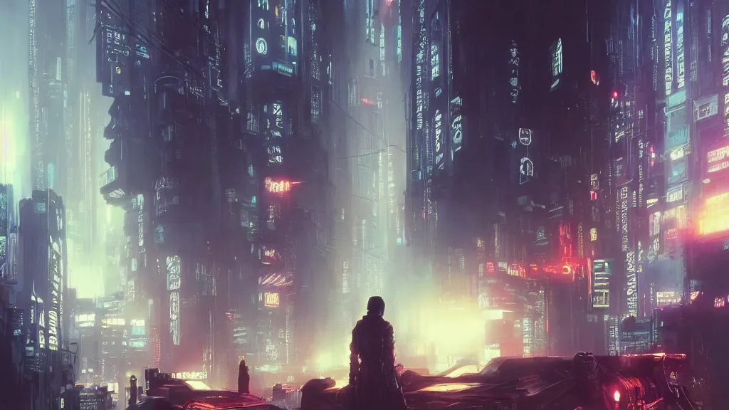 Image similar to streets of a cyberpunk city, blade runner, ghost in the shell, akira, sunset, gorgeous view, depth, rays of light, gorgeous view, robots, painted by seb mckinnon, high detail, digital art, painted by greg rutkowski, trending on artstation