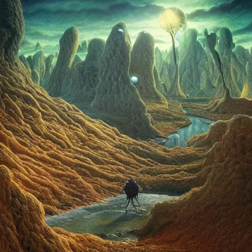 Image similar to artistic digital artwork of an epic natural scene on an alien planet. beautiful landscape by vincent bons, michael whelan, remedios varo and gerardo dottori. grainy and rough. interesting pastel colour palette. beautiful light. oil and water colour based on high quality render.