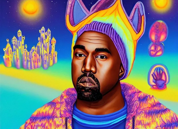 Prompt: kanye west goes and a kanye quest to find hidden treasure, an ultrafine detailed painting by lisa frank, trending on deviantart, pop surrealism, lowbrow, colorful