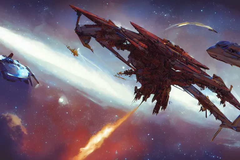 Image similar to a pterodactyl mecha, fighter-jet sized, smooth, john berkey white plastic panels, heavily armed by Craig Mullins and Scott Robertson nebula like clouds in space background near a ringed gas giant, distant explosions and spaghetti-like missile rocket exhaust trails by Dylan Cole and federico pelat cinematic lighting, hyper detailed hyper detailed, 8k, ultra realistic, cinematic lighting, ultra wide 35mm lens