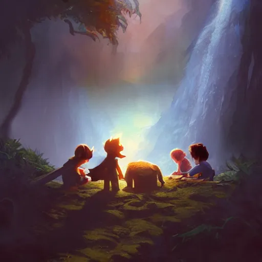 Image similar to a wholesome animation key shot of cute frodo, gollum and sam from lord of the rings, colorful, pixar and disney animation, sharp, very detailed, high resolution, key art by greg rutkowski, bloom, dramatic lighting