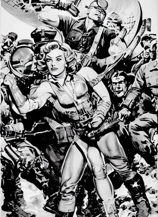 Image similar to beautiful female captain america standing on a pile of defeated, beaten and broken german soldiers. feminist captain america wins wwii. american wwii propaganda poster by james gurney. gorgeous face. overwatch. ralph bakshi and frank miller