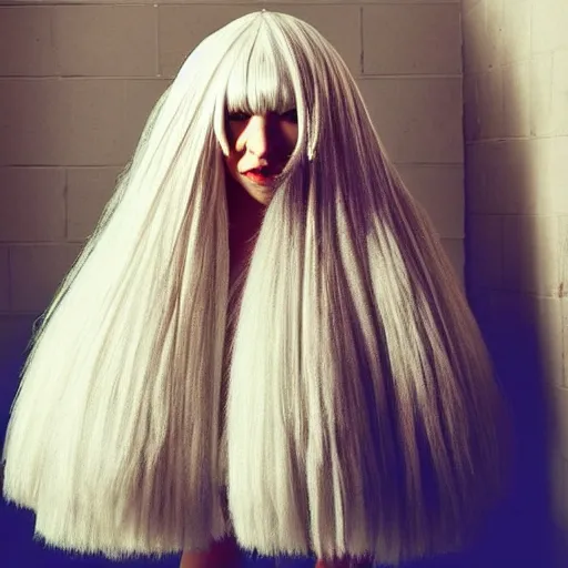 Image similar to Sia furler photoshoot wearing a dress full body puffy wig