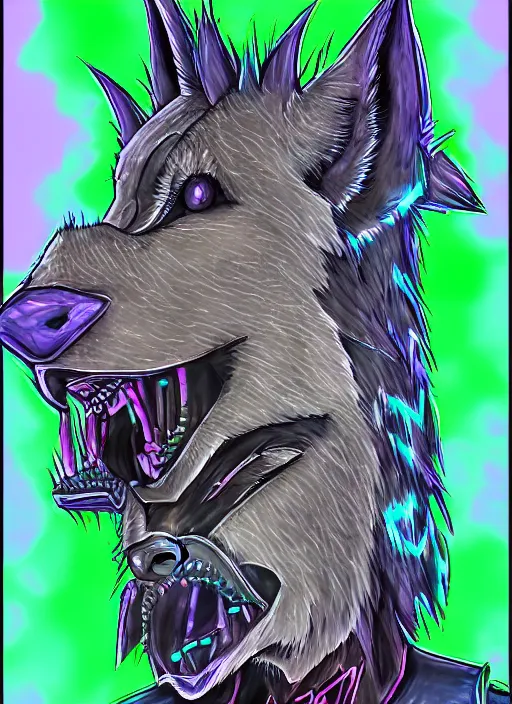 Image similar to digital drawing of anthromorphic hyena female drawn in cell shaded, fursona, furry fandom, neon rainy cyberpunk setting, anthro, wearing leather jacket, detailed face,