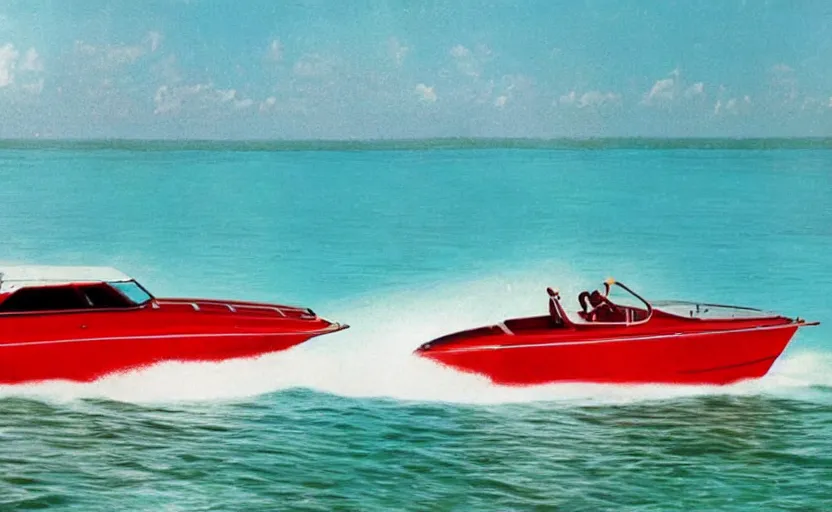 Image similar to photorealistic picture of a red scarab 3 8 kv boat driving in turquoise water. miami. 8 0's style