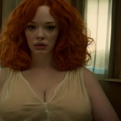 Image similar to amazing beautiful Christina Hendricks with mouth wide open in the living room, film still from the movie directed by Denis Villeneuve , wide lens