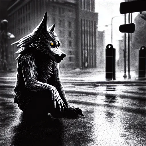 Prompt: a werewolf protesting an abortion clinic in the rain, 60s photograph, fish eye lens, hyperrealism, unreal engine, artstation, 4k