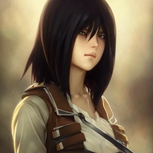 Image similar to mikasa ackerman, bokeh, beautiful face!!!!, 2 7 years old, cg animation, lifelike, animated, realistic, character select portrait, by artgerm, greg rutkowski, alphonse mucha, 3 d