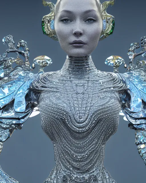 Image similar to a highly detailed metahuman 4 k close up render of an alien goddess bella hadid monument in iris van herpen dress schiaparelli in diamonds crystals swarovski and jewelry iridescent in style of alphonse mucha gustav klimt trending on artstation made in unreal engine 4