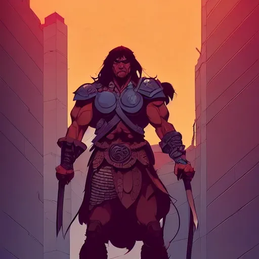 Image similar to cell shaded cartoon, a portrait of a fully armored conan the barbarian, illustration, wide shot, subtle colors, concept art by josan gonzales and wlop, laurie greasley, jordan grimmer and james jean, highly detailed, sharp focus, trending on artstation, hq, deviantart, art by artgem