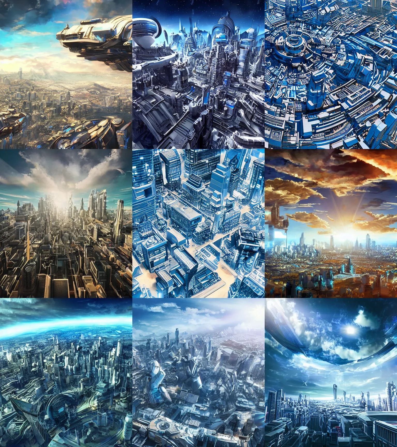 Prompt: sci - fi city high view, blue sky, highly detailed, beautiful light