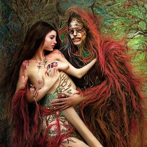 Prompt: the concept of a loving relationship, transcendence, airbrush art, shamanic dmt horror art, by edwin austin abbey