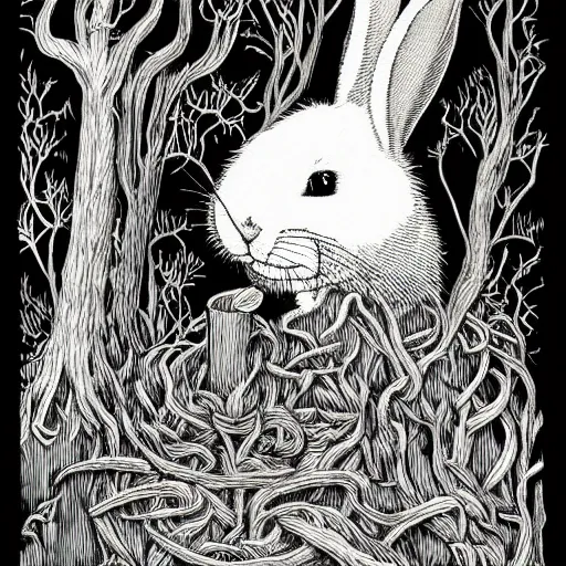 Image similar to isometric, precisely drawn, fine detailed, intense line work, drawing of a white bunny smoking a big cigarette in the deep tangled forest, by edward gorey, black ink on white paper