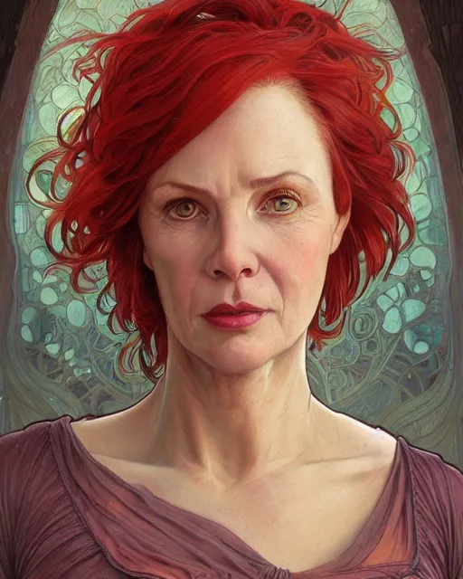 Image similar to portrait of short and plump 5 0 - year - old woman with red hair and a kind face, hyper realistic face, beautiful eyes, close up, fantasy art, in the style of greg rutkowski, intricate, alphonse mucha, hyper detailed, smooth