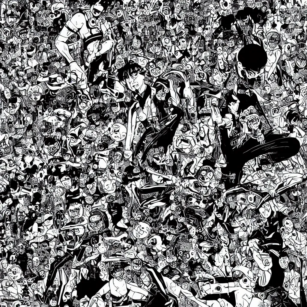 Image similar to faceless human figures, kazuo umezu artwork, jet set radio artwork, stripes, tense, space, cel - shaded art style, broken rainbow, ominous, minimal, cybernetic, cowl, dots, stipples, thumbprint, dark, eerie, motherboards, crosswalks, guts, folds, tearing