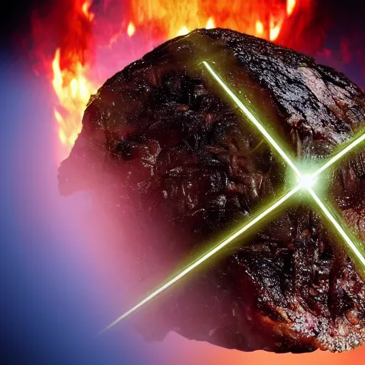 Prompt: the Death Star using its laser cook a giant steak