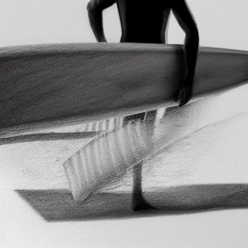 Image similar to black and white drawing, 3d, photorealistic imagery, surfer, lineart,