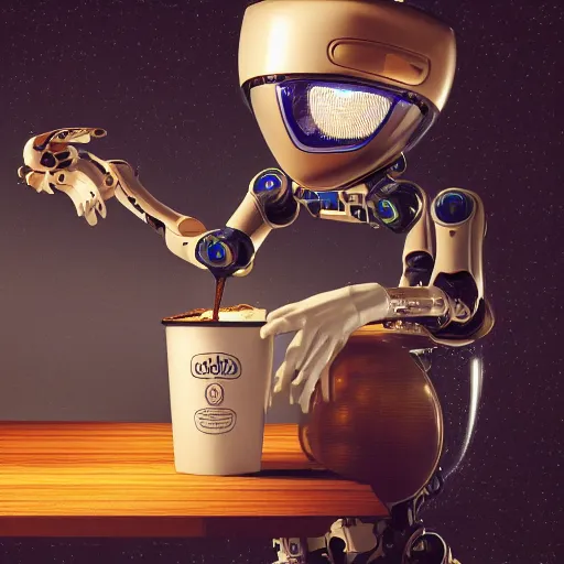 Image similar to hyperdetailed illustration of a friendly empatic highly robot serving a cup of coffee, by simon stalenhaag, by m. w. kaluta, high depth of field, fresh colors, coffee beans, coffee, steam, hyperdetailed, hyperrealistic, moody light, 3 d octane render, 4 k, volumetric lights, smooth, cosy atmosphere, artstation!