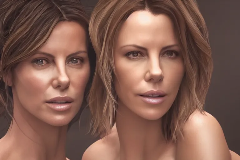 Prompt: a very beautiful hyper - realistic portrait of kate beckinsale and charlize theron looking at each other, rendered by beeple, by makoto shinkai, syd meade, starwars, digital art, unreal engine, wlop, trending on artstation, 4 k uhd image, octane render