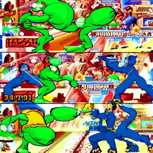 Prompt: street fighter super nintendo fight between kermit and captain planet marketplace background