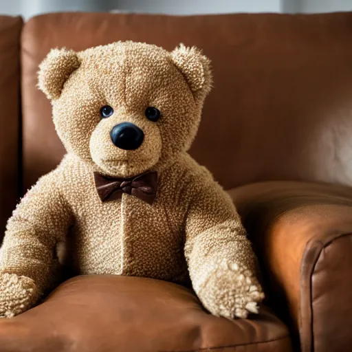 Image similar to a teddy bear getting up off the couch while staring at you creepy!!!!!! wearing a sweater vest, 4 k photo