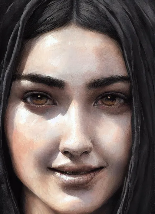 Prompt: a teenage girl with very short black hair and a huge cloak made of grey and black feathers. beautiful highly detailed face. smiling, beautiful painting by artgerm and greg rutkowski and raymond swanland, detailed portrait, closeup