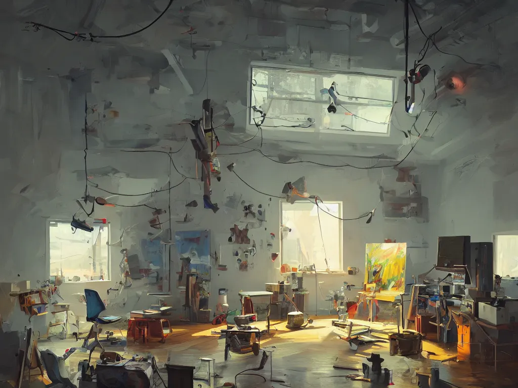 Image similar to an art studio in a painting from stalenhag, 4 k, 8 k, hdr, artstation, concept art