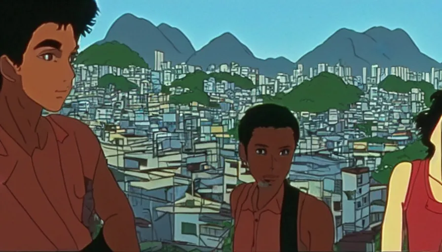 Image similar to 1 9 8 6 movie screencap of a couple with a gun on a rio de janeiro, gucci clothes, studio ghibli sky, beautiful favela background extremely utra high quality artwork 8 k