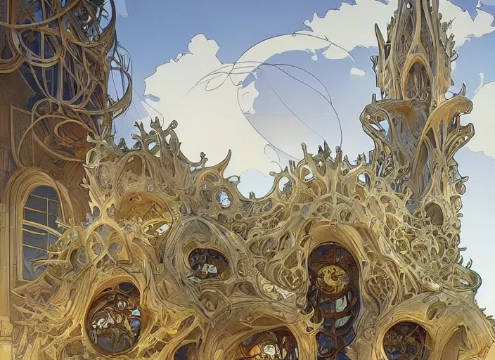 Image similar to mercedes exhibition center exterior designed by antoni gaudi, and concept art by artgerm, greg rutkowski, alphonse mucha