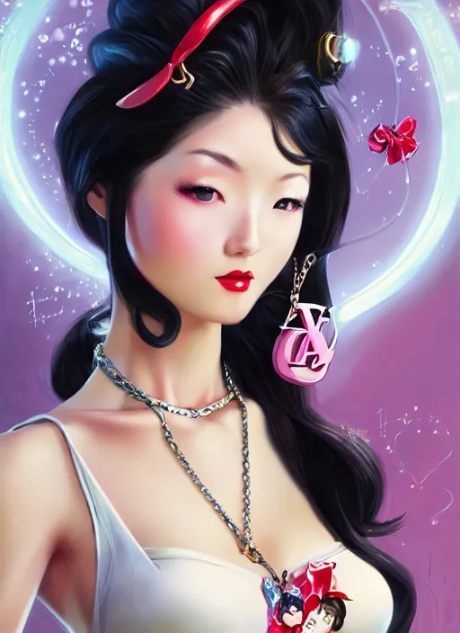 Image similar to a pin up and beautiful fashion dreamlke japan girl with lv jewelry, character art, art by artgerm, wlop, loish, hyperdetailed, 8 k realistic, symmetrical, global illumination, radiant light, frostbite 3 engine, cryengine, dof, trending on artstation, digital art, chanel, dior, detailed background