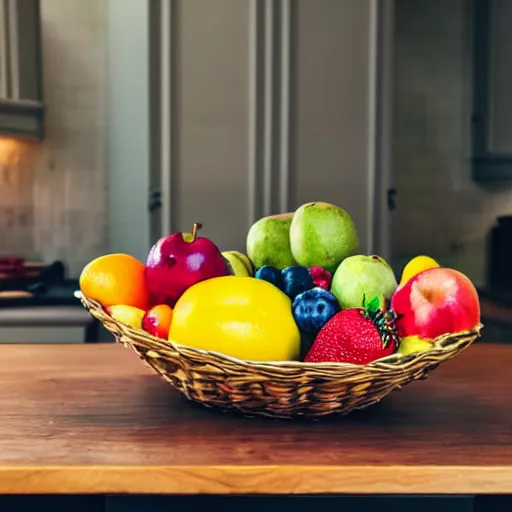 Prompt: a fruit basket on top of a kitchen table, dramatic