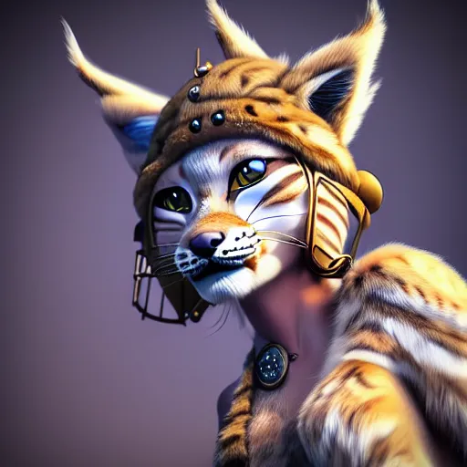 Prompt: cute anthropomorphic lynx fursona bowing, standing with her back, wearing steampunk suit with lynx head, tail, paws, no boots, by tanidareal, irakli nadar, view from behind, intricate linework, unreal engine, photorealistic 3 d render, furry art, furaffinity, bright sun backlight, white fur, thin legs