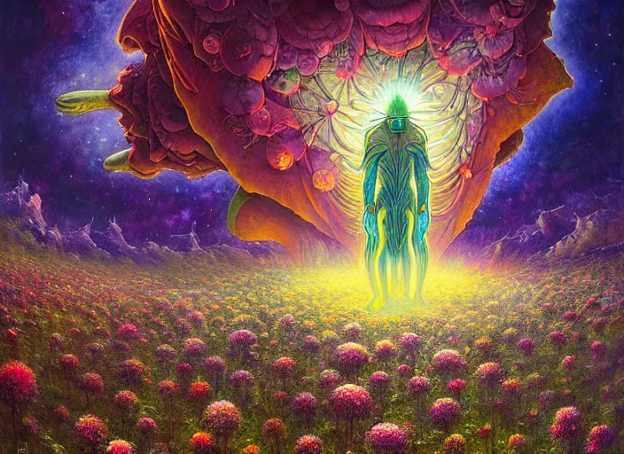 Image similar to a beautiful painting of a large alien shrine shrouded by mystic nebula magic in a field of flowers by moebius and android jones, oil on canvas sharp, details, hyper - detailed, hd, hdr, 4 k, 8 k