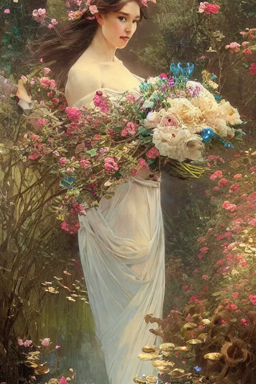 Image similar to portrait of a beautiful mysterious woman holding a bouquet of flowing flowers, hands hidden under the bouquet, lying in a pool of water, fantasy, regal, intricate, by stanley artgerm lau, greg rutkowski, thomas kindkade, alphonse mucha, loish, norman rockwell