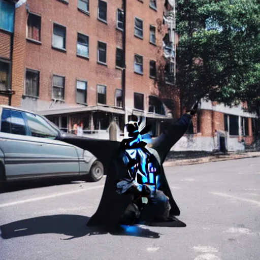 Image similar to darth vader break dancing on a street corner, brooklyn, day time, sunny, the 8 0's