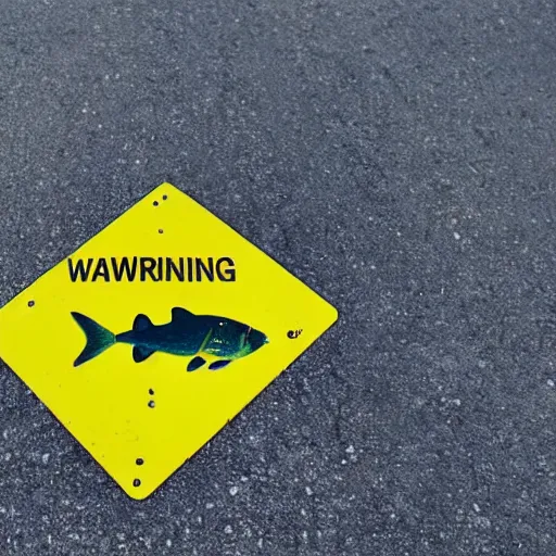 Prompt: a warning yellow street sign for fish crossing