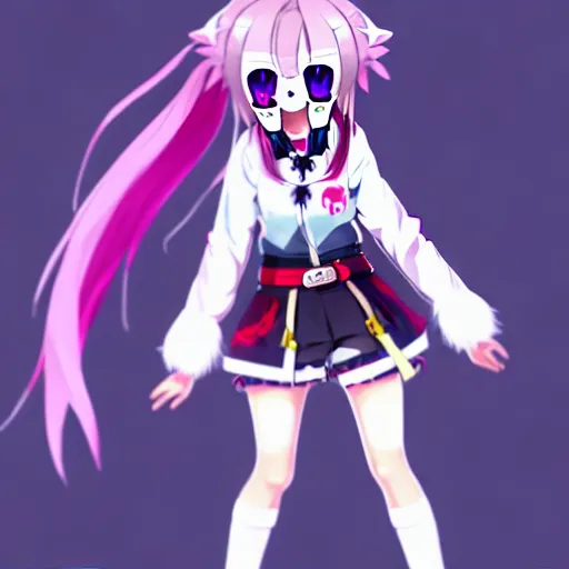 Image similar to gawr gura, 1 girl, virtual youtuber, hood, animal hood, multicolored hair, solo, blue eyes, sharp teeth, teeth, white background, safe