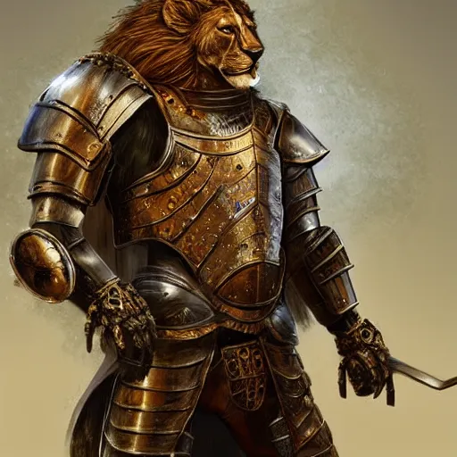 Prompt: Humanoid lion warrior standing on two legs in medieval armor, realistic, detailed, digital art, trending on artstation