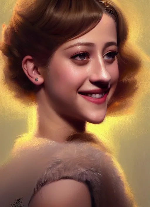 Image similar to portrait of lili reinhart with fluffy bangs, smiling kindly, bangs, 1 9 6 0 s, ponytail, curly bangs and ponytail, intricate, elegant, glowing lights, highly detailed, digital painting, artstation, concept art, smooth, sharp focus, illustration, art by wlop, mars ravelo and greg rutkowski