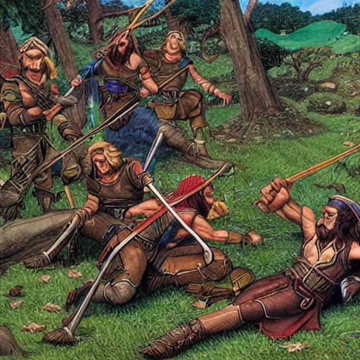 Prompt: Elves accidentally sniping dwarves and apologizing, fantasy, highly detailed, by larry elmore