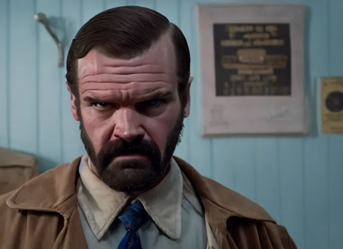 Image similar to film still of jim hopper as joyce byers in stranger things, 8 k