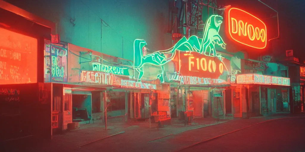 Prompt: movie still, dinosaur as neon sign, inside of a 1 9 7 0 s street, neon lights, ektachrome photograph, volumetric lighting, f 8 aperture, cinematic eastman 5 3 8 4 film